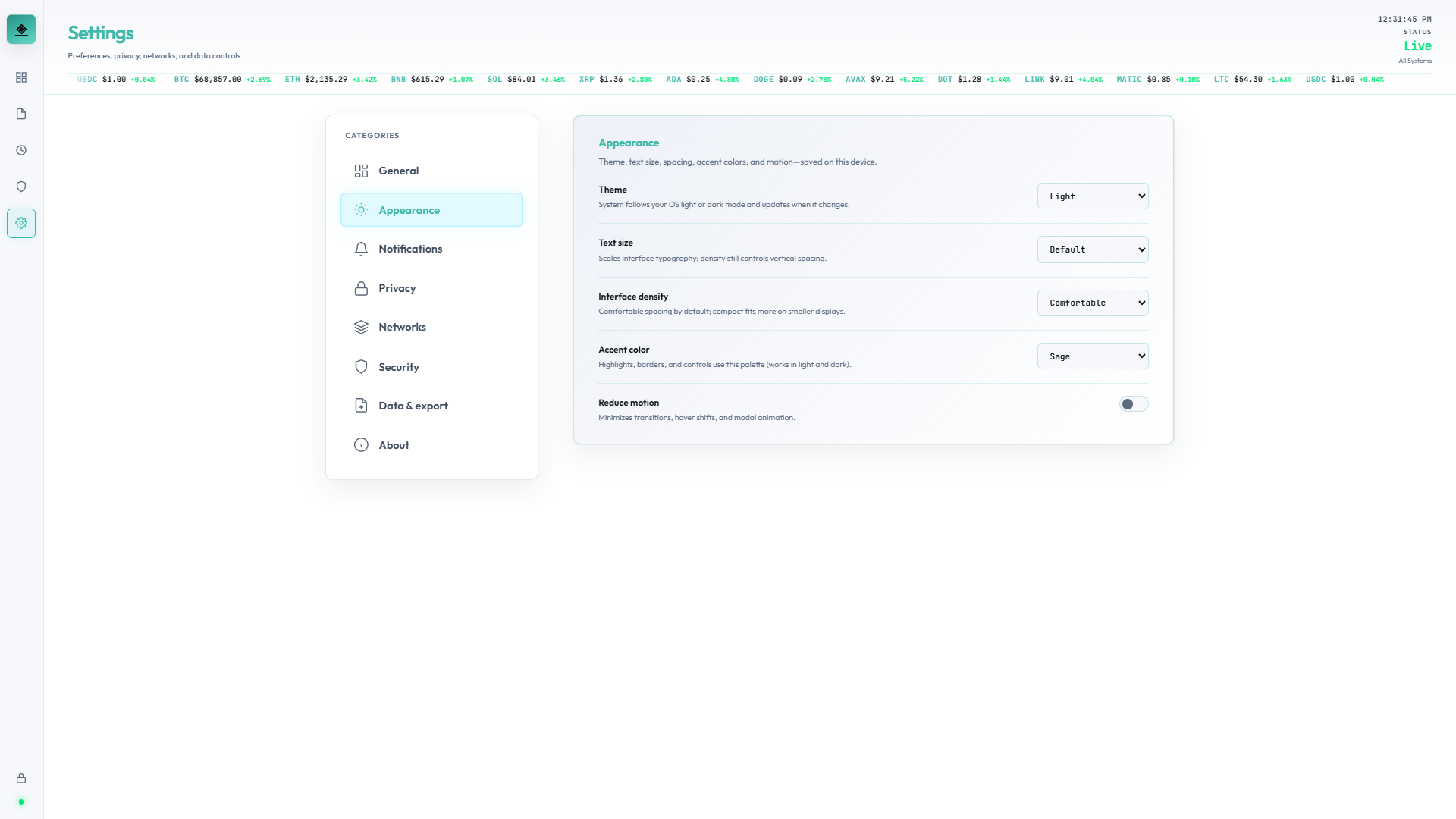 Settings — Appearance, light theme